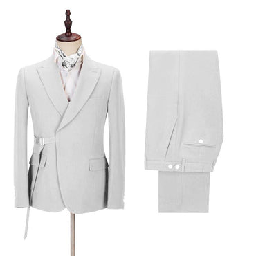 Fashion Peaked Lapel Silver Men Suits with Adjustable Buckle-showprettydress