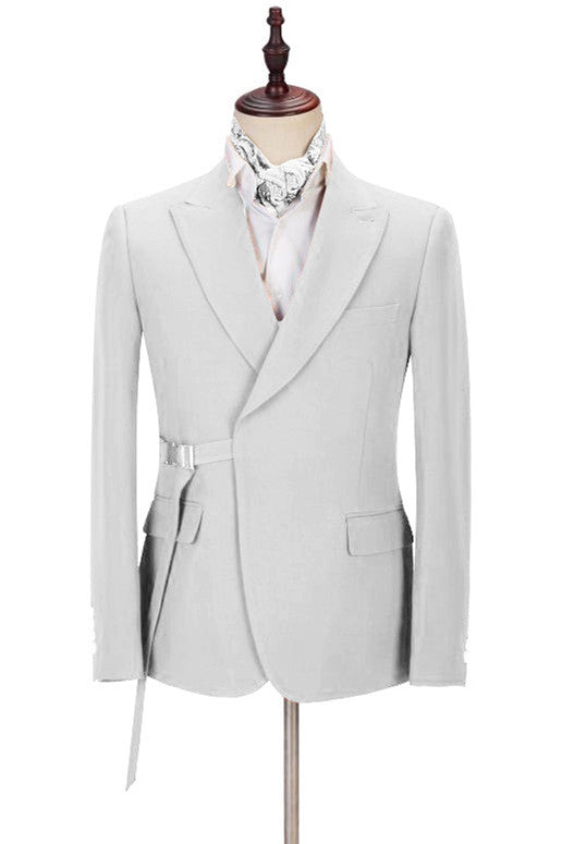 Fashion Peaked Lapel Silver Men Suits with Adjustable Buckle-showprettydress