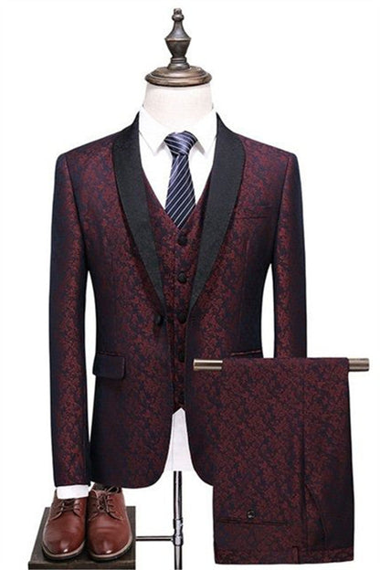 Designer Men's Suits Burgundy Check Design Prom Suits Three Pieces One Button Formal Tuxedos-showprettydress