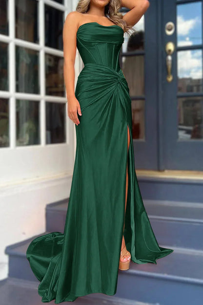 Roycebridal Nadia |Mermaid Strapless Satin Long Prom Dress With Slit