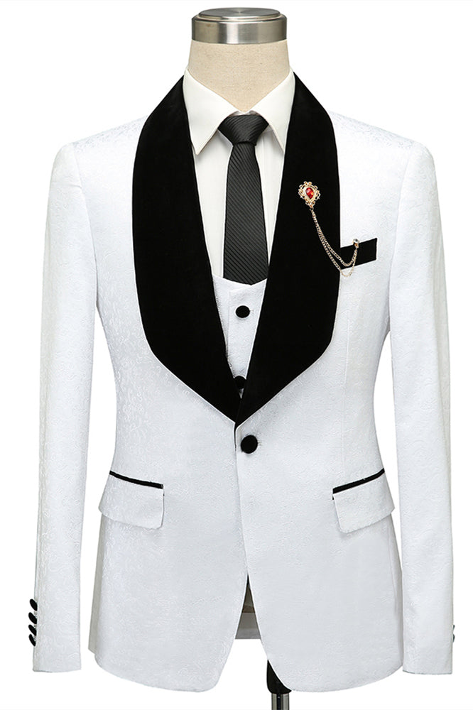 Fernando White Jacquard One Button Wedding Men Suits with Black Lapel-showprettydress