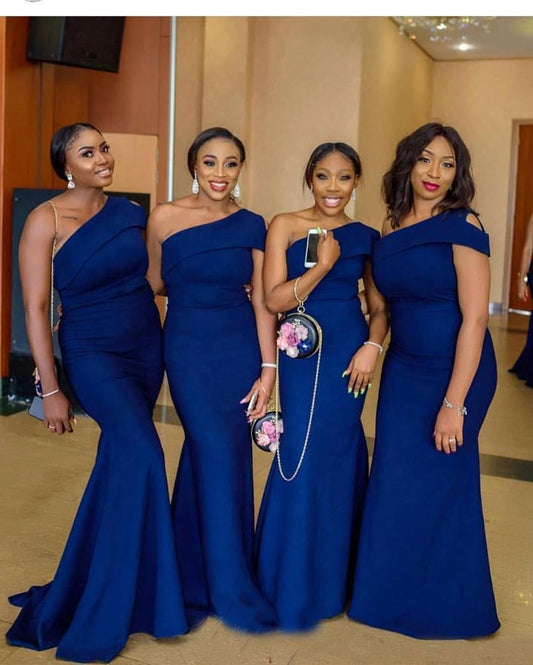 one shoulder blue bridesmaid dresses