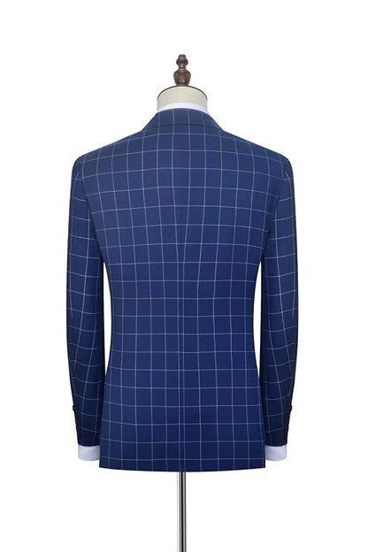 Flap Pocket Peak Lapel Grey Checked Navy Blue Mens Suits-showprettydress