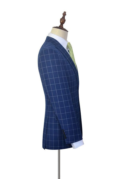 Flap Pocket Peak Lapel Grey Checked Navy Blue Mens Suits-showprettydress