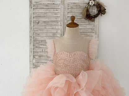 Fluffy Sleeves Beaded Pink Tulle Organza Wedding Flower Girl