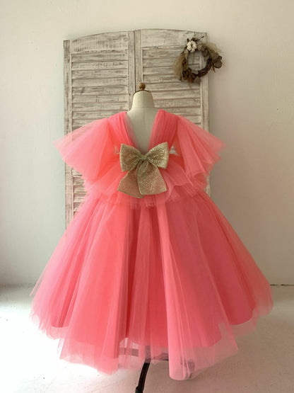 Fluffy Sleeves V Neck Coral Yellow Tulle Wedding Flower Girl