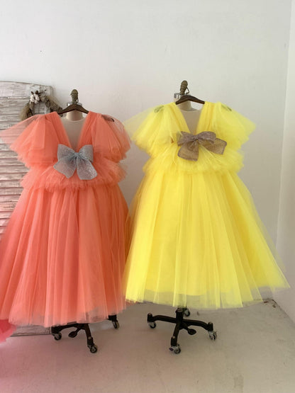 Fluffy Sleeves V Neck Coral Yellow Tulle Wedding Flower Girl