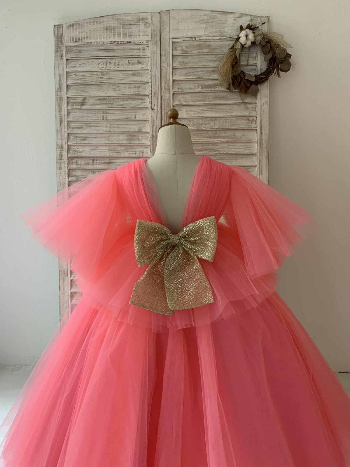 Fluffy Sleeves V Neck Coral Yellow Tulle Wedding Flower Girl