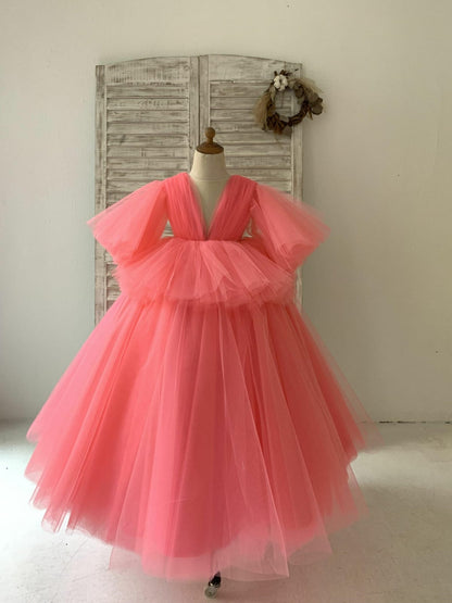 Fluffy Sleeves V Neck Coral Yellow Tulle Wedding Flower Girl