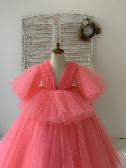 Fluffy Sleeves V Neck Coral Yellow Tulle Wedding Flower Girl