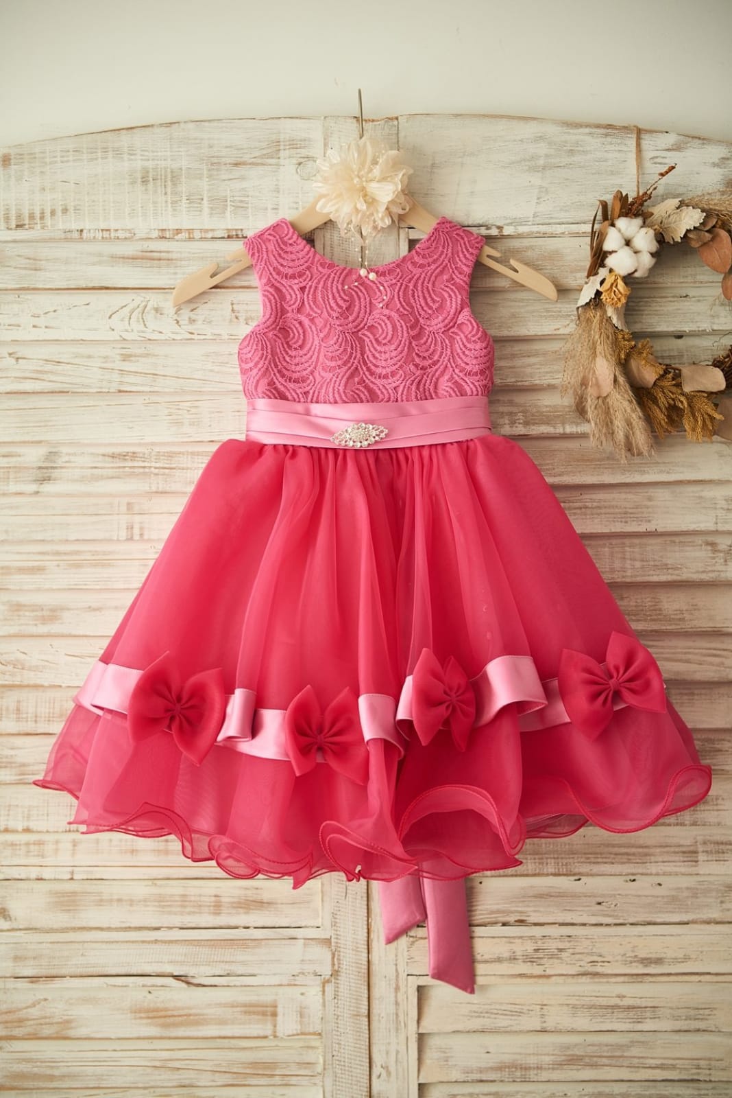 Fuchsia Lace Organza Wedding Flower Girl Dress with Belt / 