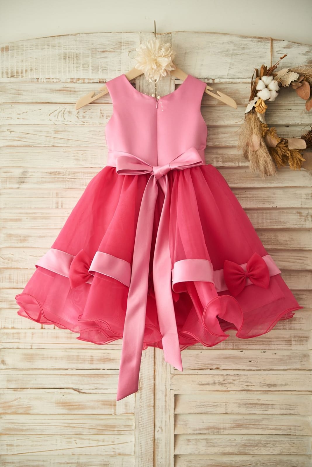 Fuchsia Lace Organza Wedding Flower Girl Dress with Belt / 