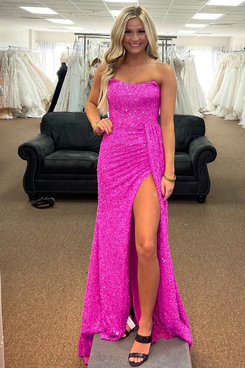 Roycebridal Fuchsia Mermaid Strapless Sequins Lace-Up Long Prom Dress with Slit