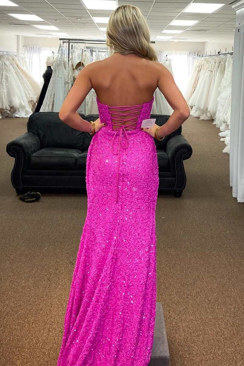 Roycebridal Fuchsia Mermaid Strapless Sequins Lace-Up Long Prom Dress with Slit