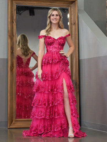 Roycebridal Fuchsia Princess A Line Off the Shoulder Corset Prom Dress with Lace Ruffles