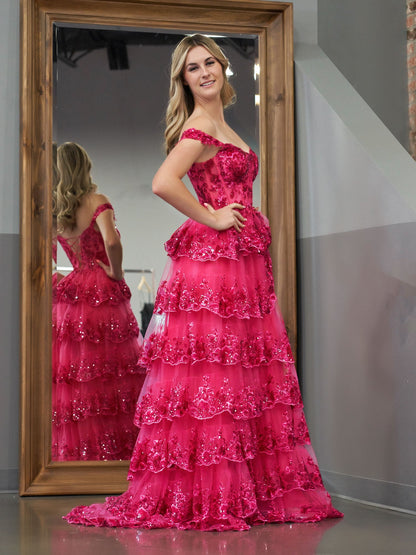 Roycebridal Fuchsia Princess A Line Off the Shoulder Corset Prom Dress with Lace Ruffles