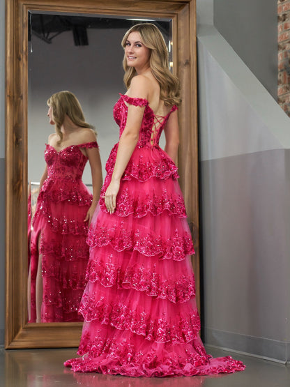 Roycebridal Fuchsia Princess A Line Off the Shoulder Corset Prom Dress with Lace Ruffles