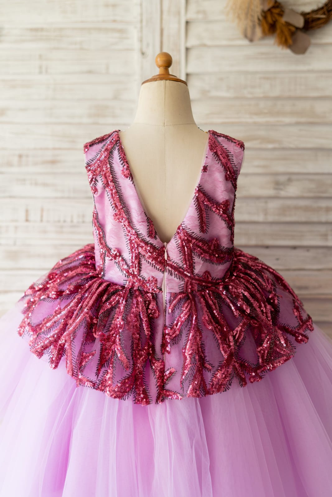 Fuchsia Sequin Tulle V Back Hi Low Wedding Flower Girl Dress