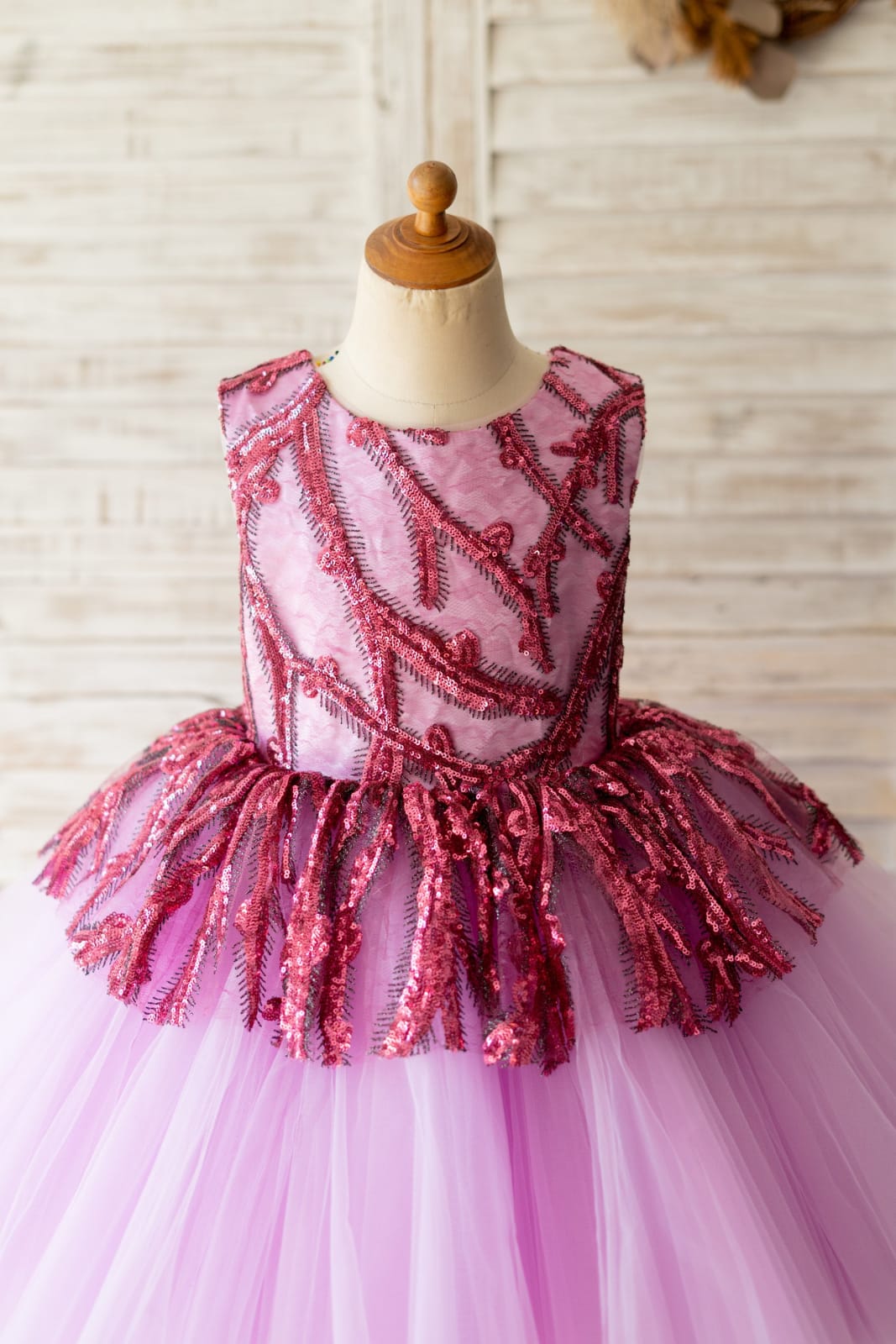 Fuchsia Sequin Tulle V Back Hi Low Wedding Flower Girl Dress