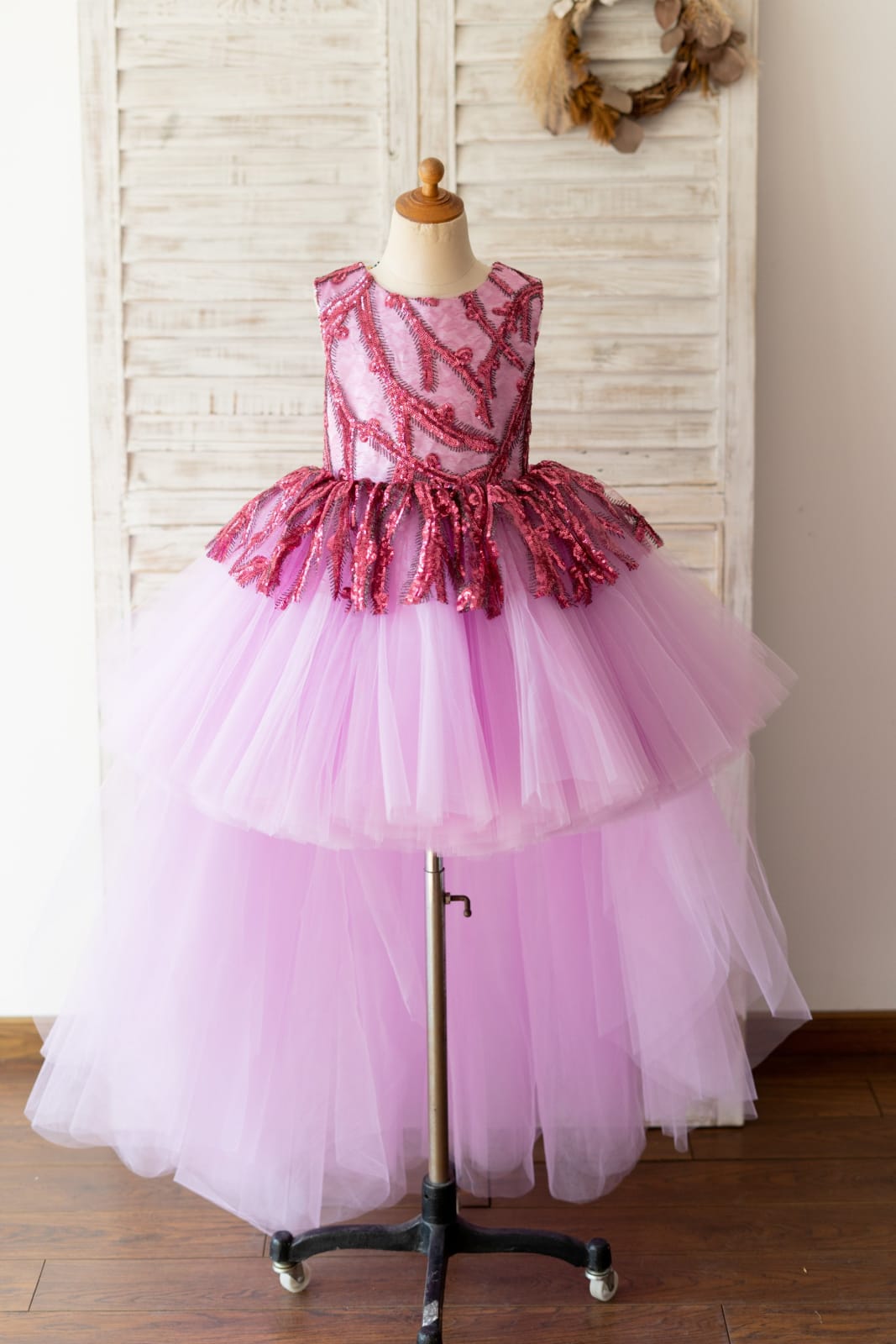 Fuchsia Sequin Tulle V Back Hi Low Wedding Flower Girl Dress