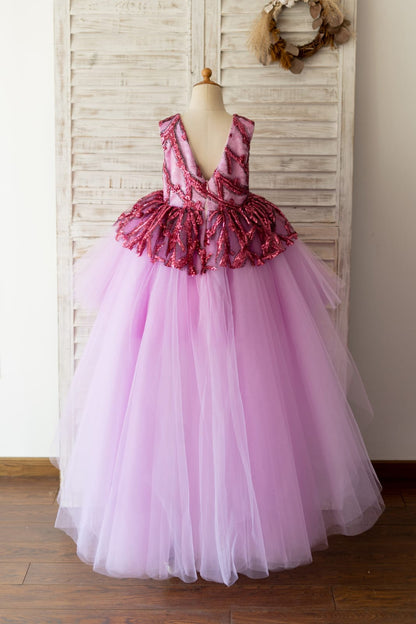 Fuchsia Sequin Tulle V Back Hi Low Wedding Flower Girl Dress