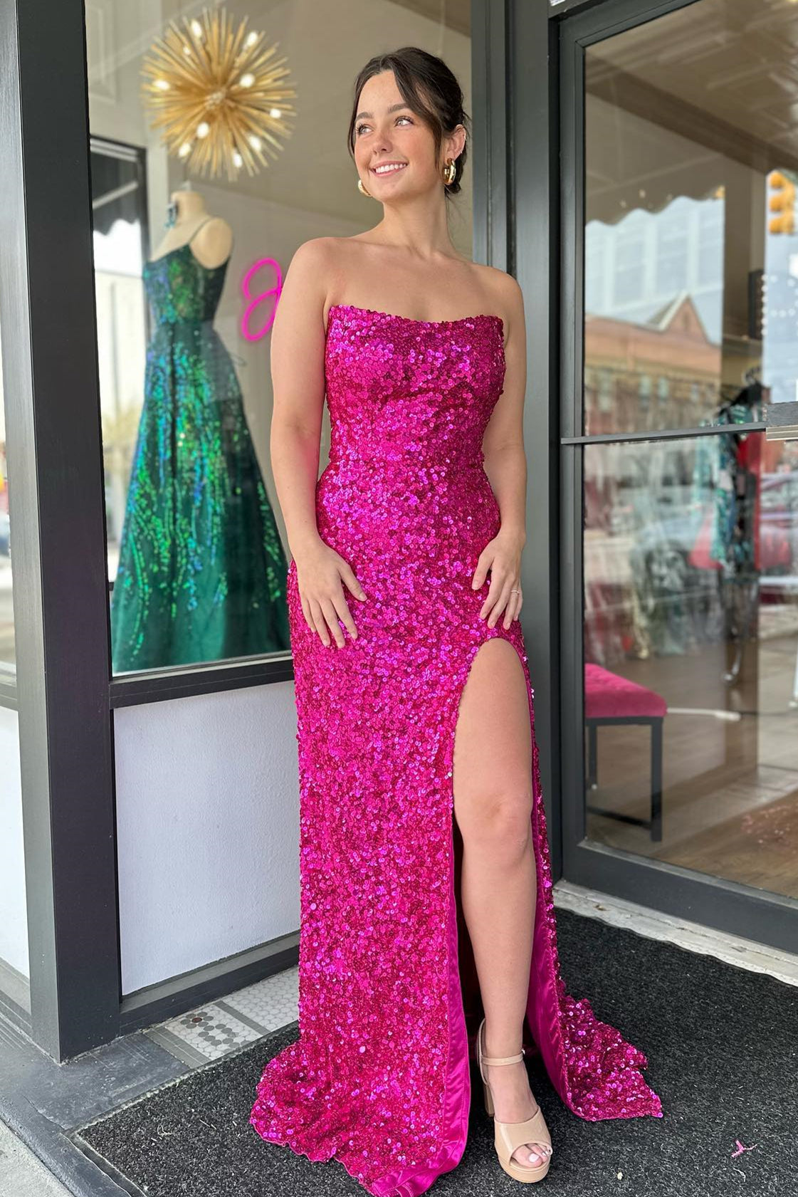 Roycebridal Fuchsia Strapless Sequins Long Prom Dress with Slit