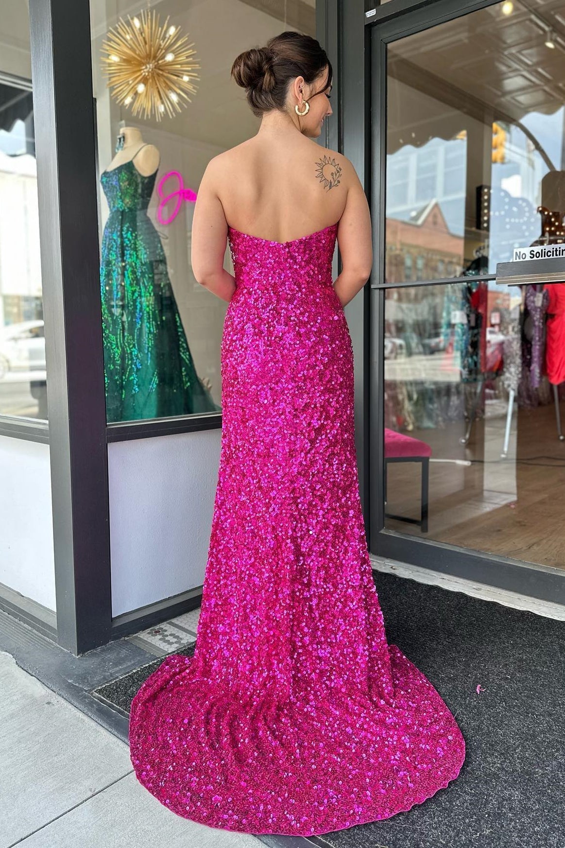 Roycebridal Fuchsia Strapless Sequins Long Prom Dress with Slit