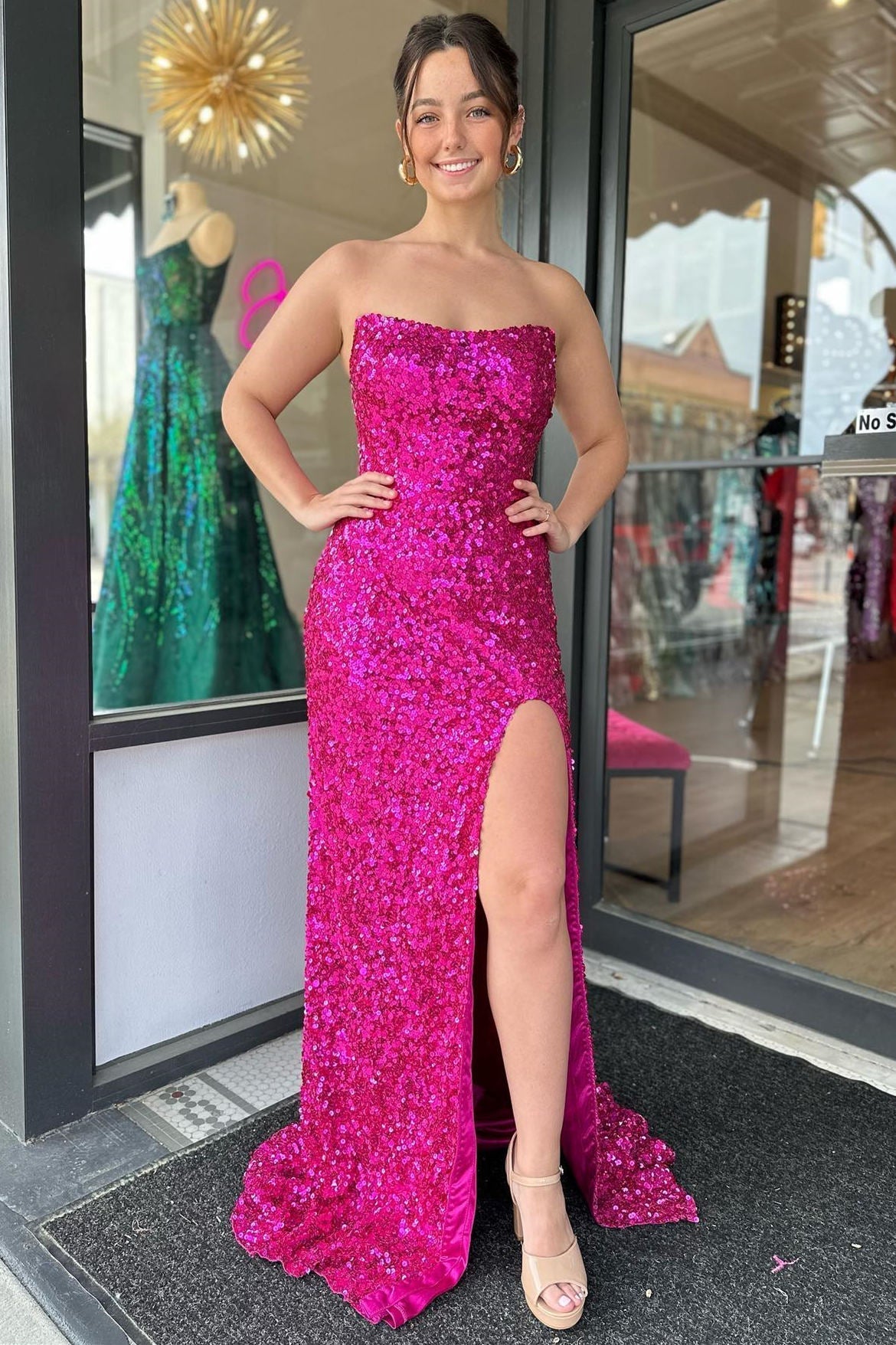 Roycebridal Fuchsia Strapless Sequins Long Prom Dress with Slit