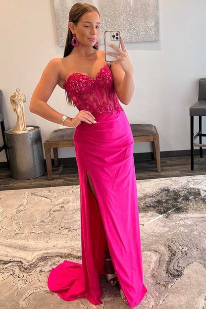 Roycebridal Ember | Sweetheart Corset Lace Hot Pink Long Prom Dress with Slit