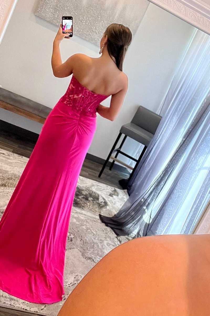 Roycebridal Ember | Sweetheart Corset Lace Hot Pink Long Prom Dress with Slit