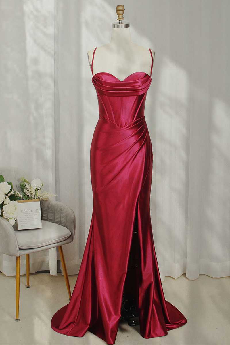 Roycebridal Hot Pink Spaghetti Straps Satin Mermaid Prom Dress with Slit