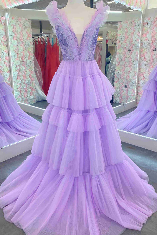 Stacy | Sequin Top Lavender Tiered Tulle Long Formal Dress