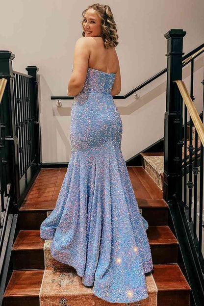 Roycebridal Sweetheart Mermaid Light Blue Sequin Long Prom Dress