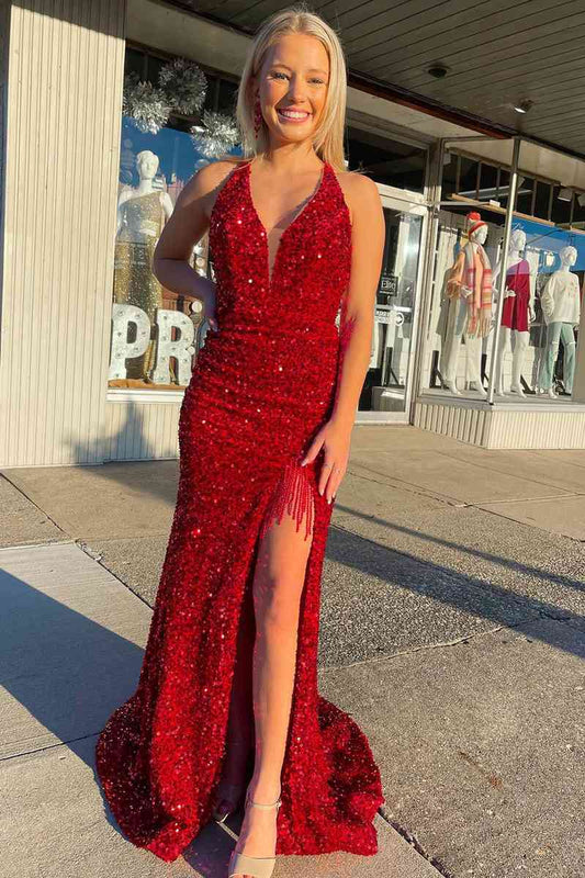 Roycebridal Red Halter Sequins Long Prom Dress with Tassel