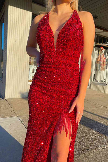 Roycebridal Red Halter Sequins Long Prom Dress with Tassel