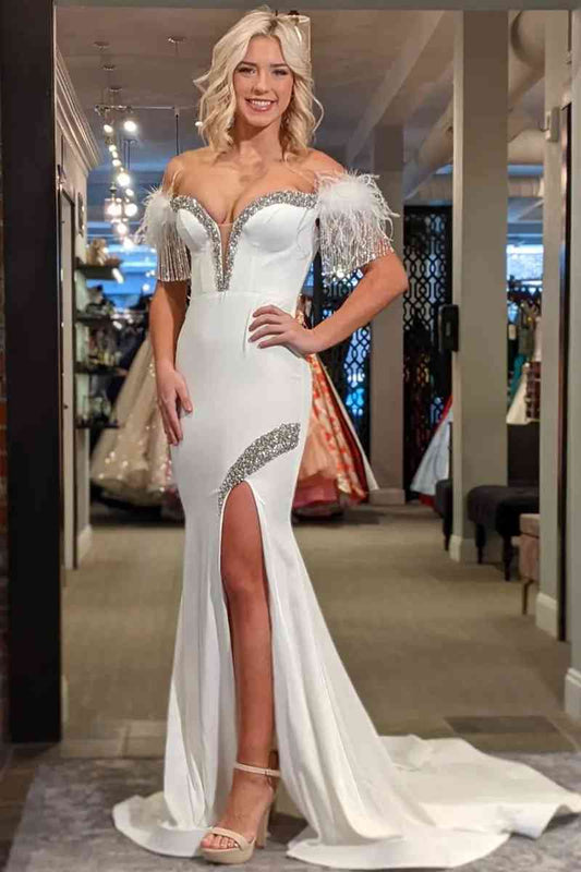 Roycebridal White Off-the-Shoulder Tassel Mermaid Prom Dress with Slit