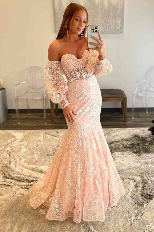 Roycebridal Peach Sweetheart Sheer Lace Corset Mermaid Prom Dress