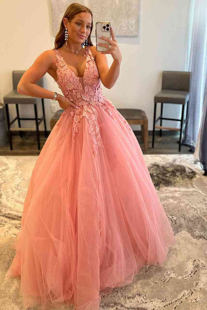 Roycebridal Marigold |A-Line V-Neck Long Tulle Prom Dress with Appliques