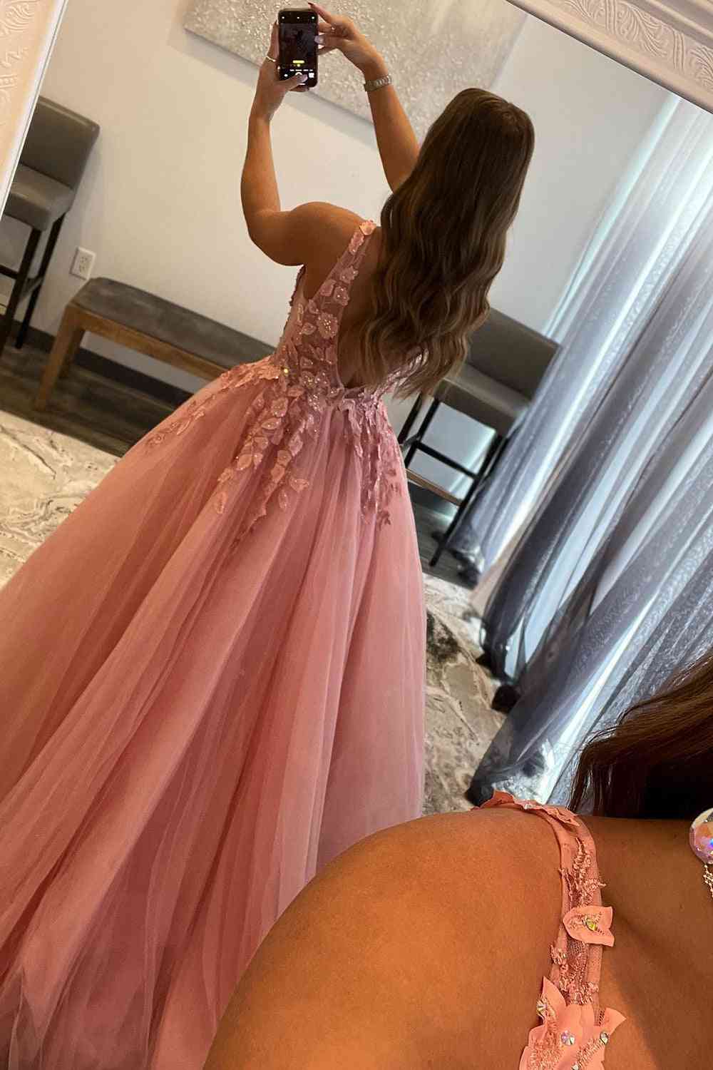 Roycebridal Marigold |A-Line V-Neck Long Tulle Prom Dress with Appliques