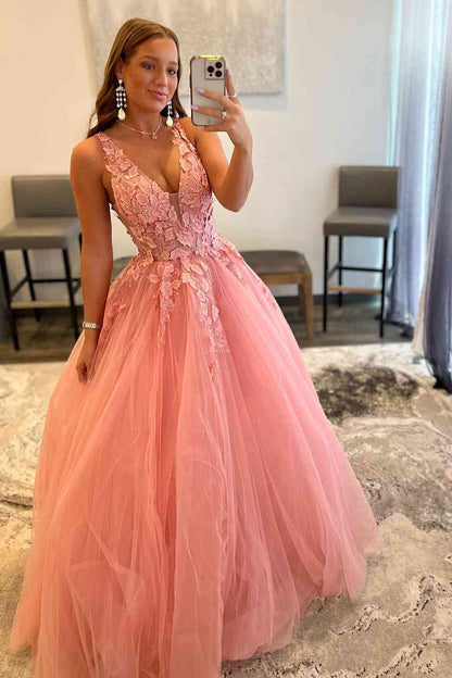 Roycebridal Marigold |A-Line V-Neck Long Tulle Prom Dress with Appliques