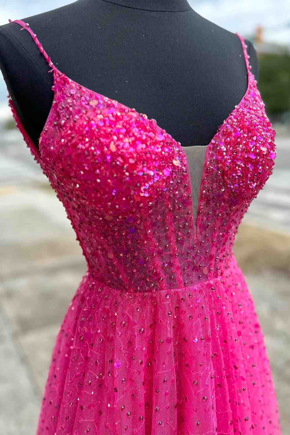 Emmalyn | Straps Neon Pink Beaded A-Line Long Formal Dress