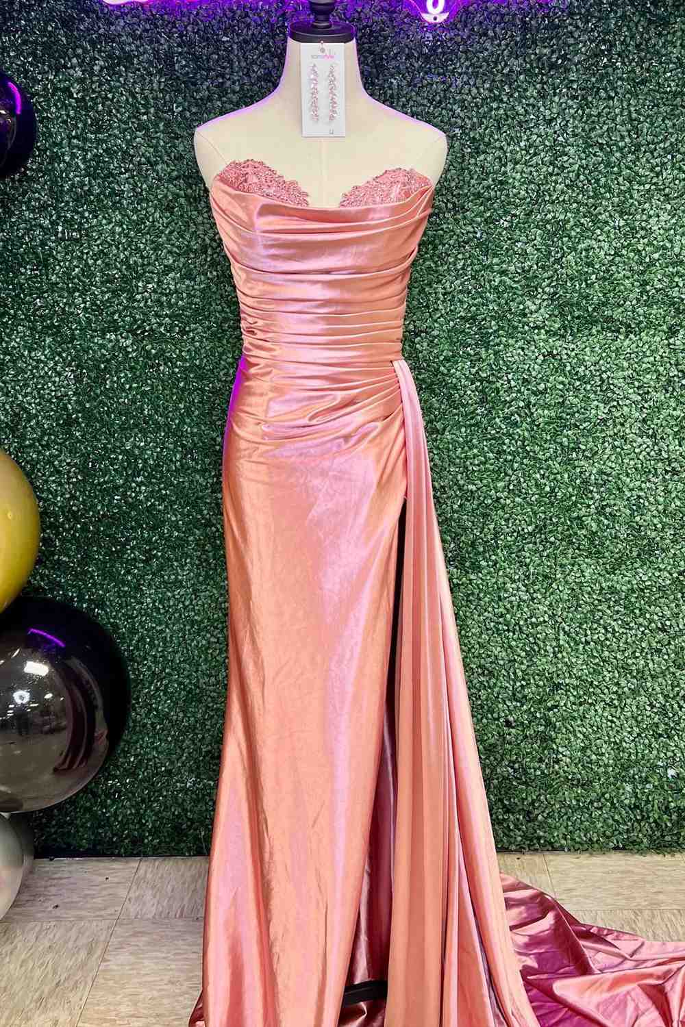 Roycebridal Fuchsia Strapless Mermaid Satin Pleated Long Prom Dress