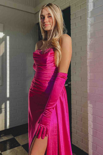 Roycebridal Fuchsia Strapless Mermaid Satin Pleated Long Prom Dress