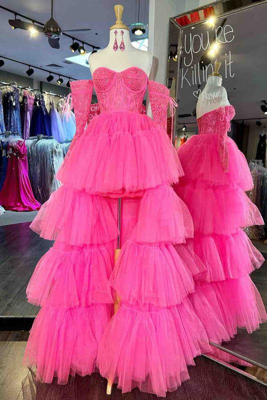 Roycebridal Sue | Hot Pink Off-Shoulder A-line Tulle Layers Applique Hi-Low Prom Dress