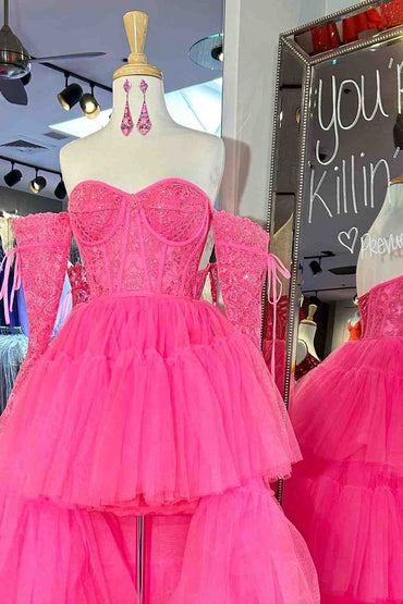 Roycebridal Sue | Hot Pink Off-Shoulder A-line Tulle Layers Applique Hi-Low Prom Dress