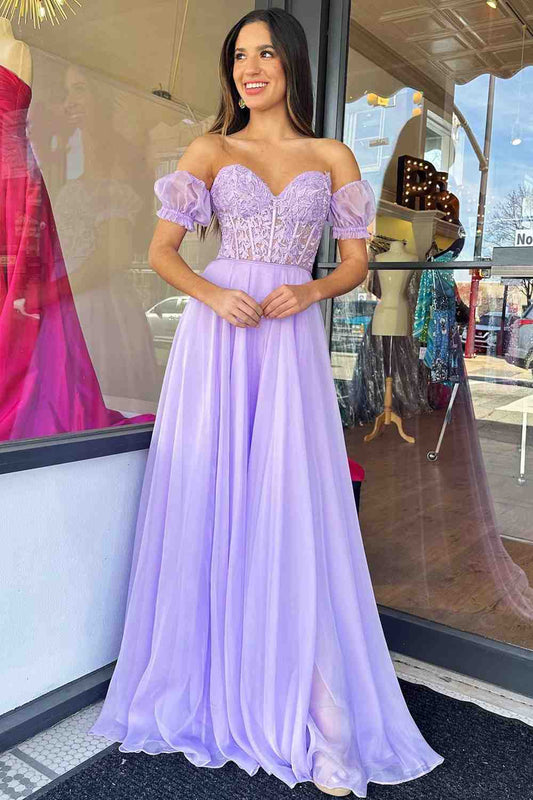 Roycebridal Off-Shoulder A-line Chiffon Applique Lace-Up Long Prom Dress