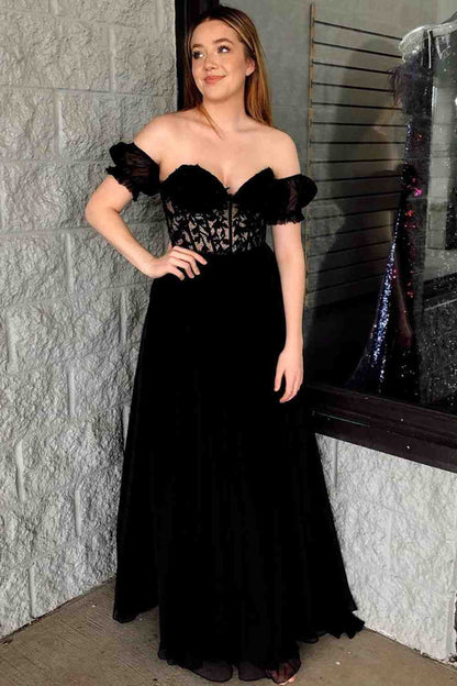 Roycebridal Off-Shoulder A-line Chiffon Applique Lace-Up Long Prom Dress