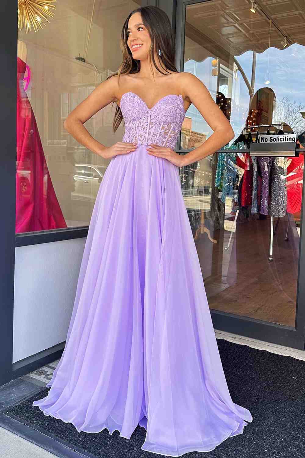 Roycebridal Off-Shoulder A-line Chiffon Applique Lace-Up Long Prom Dress