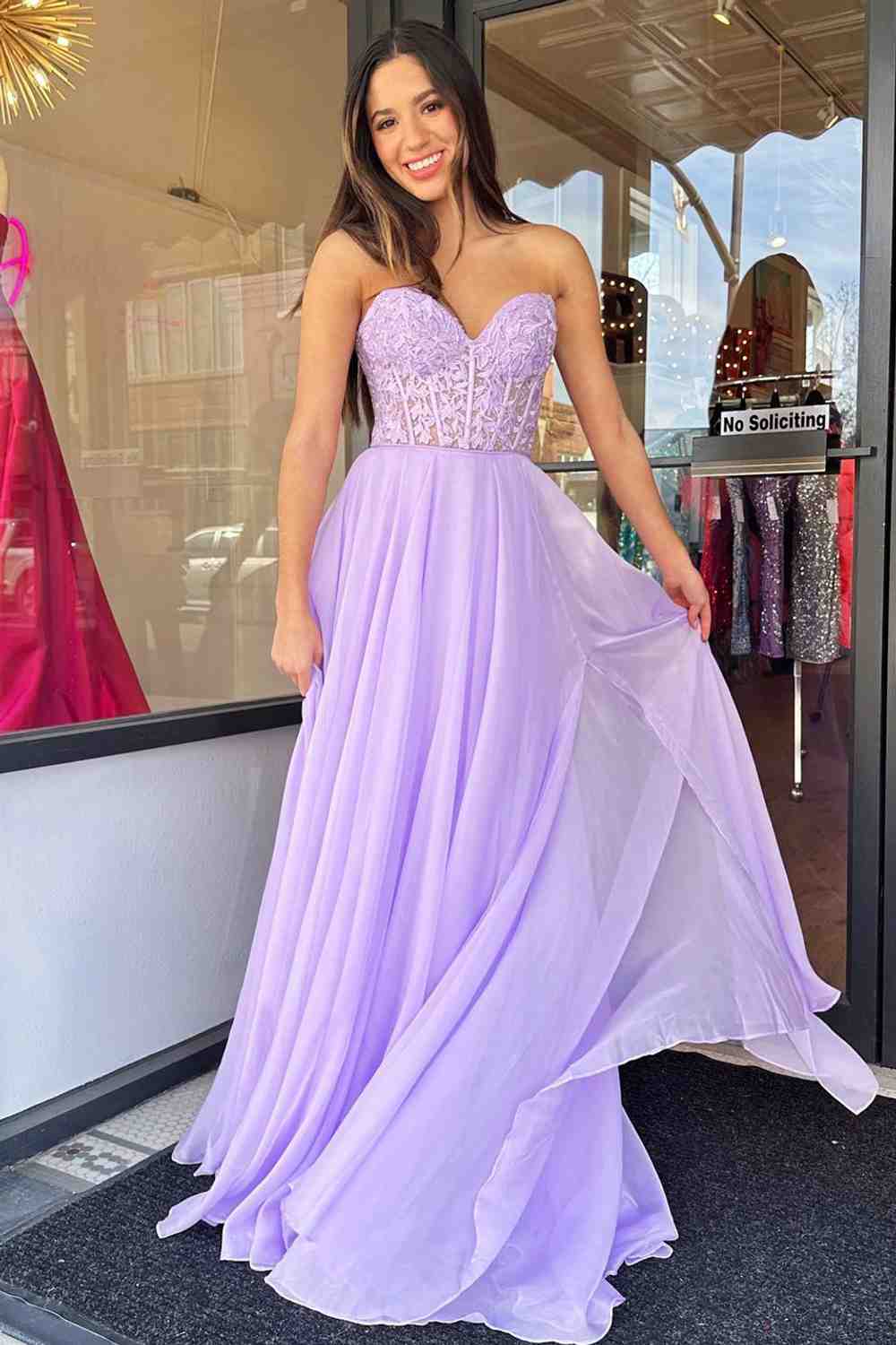 Roycebridal Off-Shoulder A-line Chiffon Applique Lace-Up Long Prom Dress