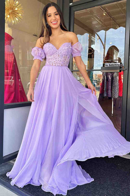 Roycebridal Off-Shoulder A-line Chiffon Applique Lace-Up Long Prom Dress